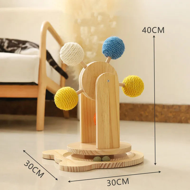 Cat Toy Ferris Wheel - Interactive Wooden Toy With Sisal Balls And Scratching Board