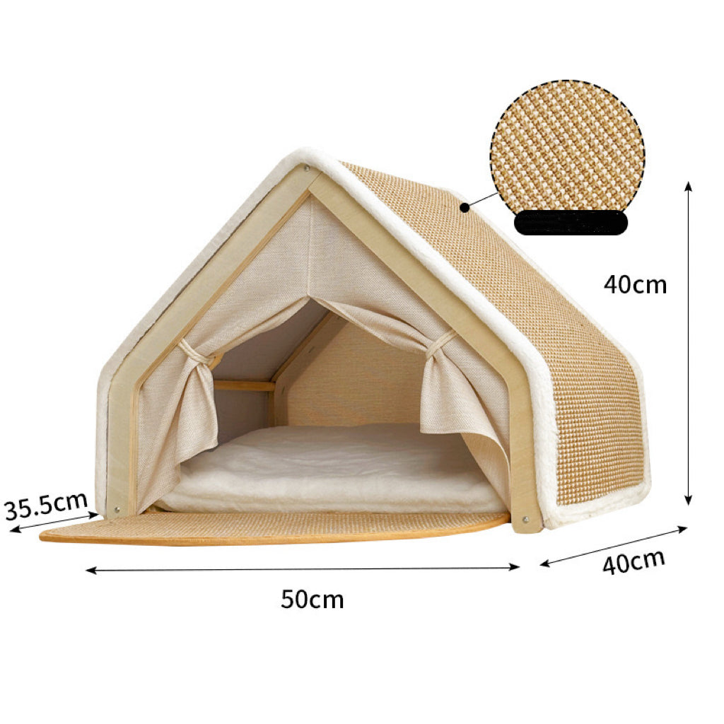 Double - layer Solid Wood Cat Hammock Bed with Rush Mat