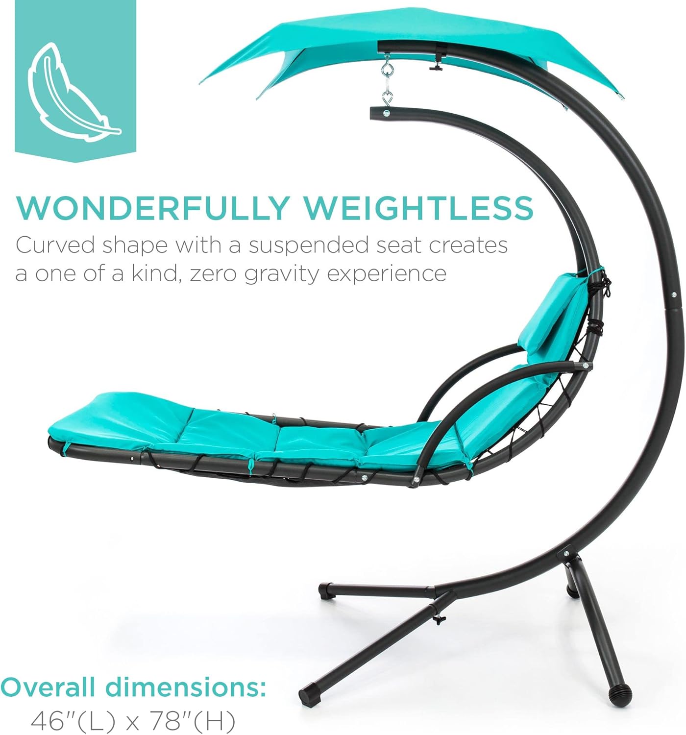 Outdoor Hanging Curved Steel Chaise Lounge Chair Swing w/Built-in Pillow and Removable Canopy