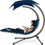 Outdoor Hanging Curved Steel Chaise Lounge Chair Swing w/Built-in Pillow and Removable Canopy