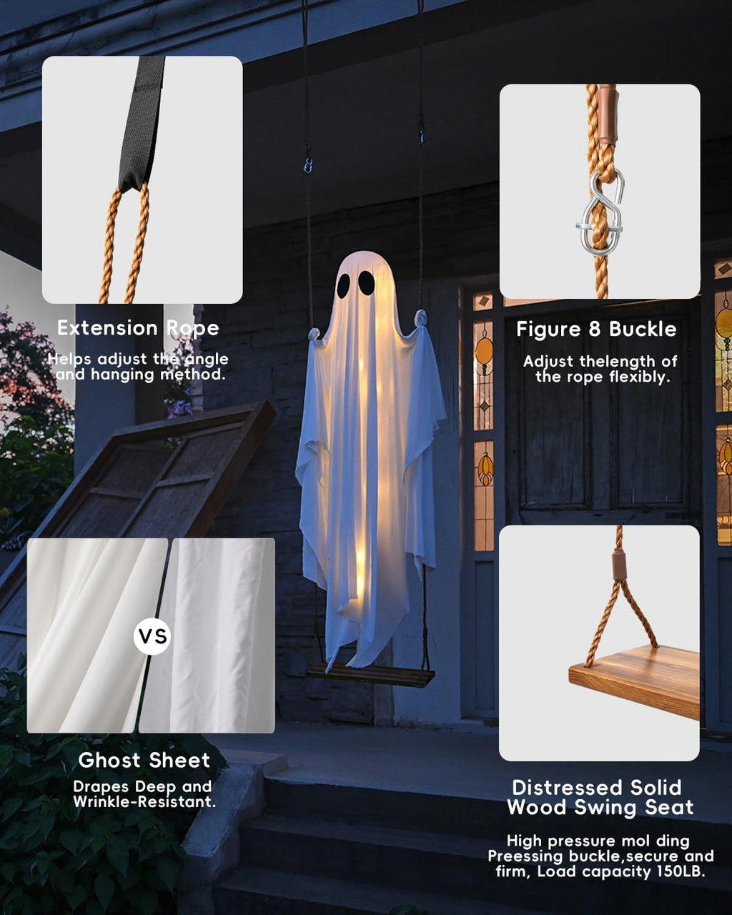 GhoulGlide – Large Swinging Ghost with 8-Mode LED Lighting
