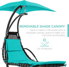 Outdoor Hanging Curved Steel Chaise Lounge Chair Swing w/Built-in Pillow and Removable Canopy