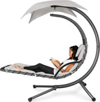 Outdoor Hanging Curved Steel Chaise Lounge Chair Swing w/Built-in Pillow and Removable Canopy