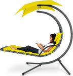 Outdoor Hanging Curved Steel Chaise Lounge Chair Swing w/Built-in Pillow and Removable Canopy
