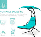 Outdoor Hanging Curved Steel Chaise Lounge Chair Swing w/Built-in Pillow and Removable Canopy