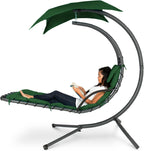 Outdoor Hanging Curved Steel Chaise Lounge Chair Swing w/Built-in Pillow and Removable Canopy