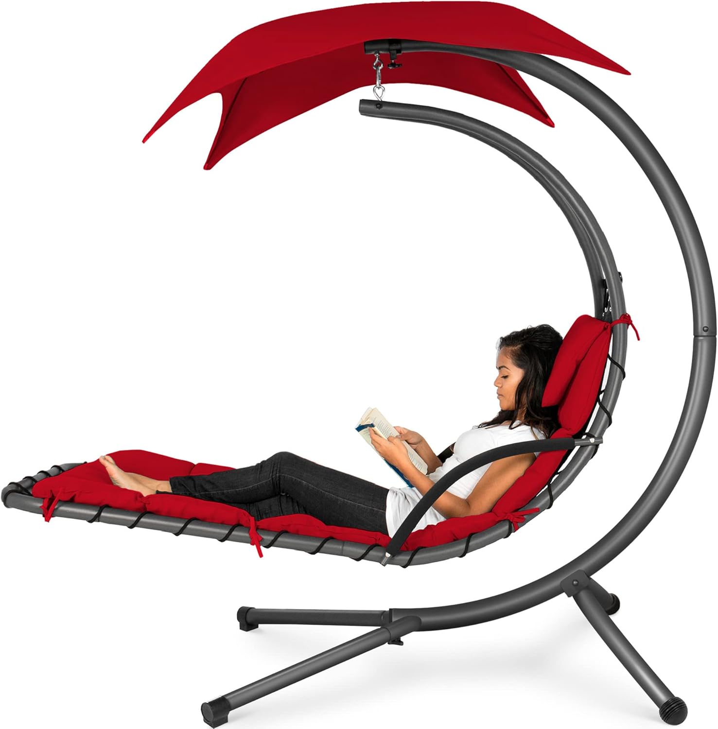 Outdoor Hanging Curved Steel Chaise Lounge Chair Swing w/Built-in Pillow and Removable Canopy