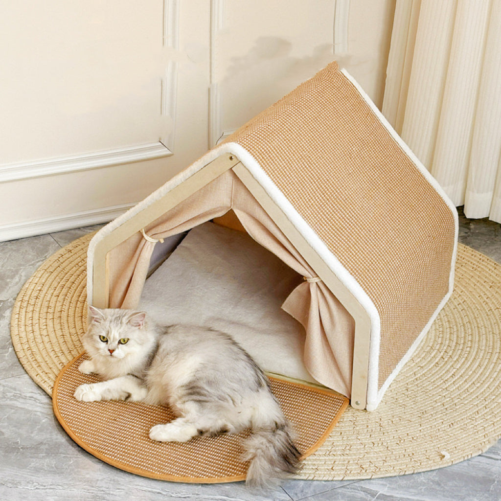 Double - layer Solid Wood Cat Hammock Bed with Rush Mat