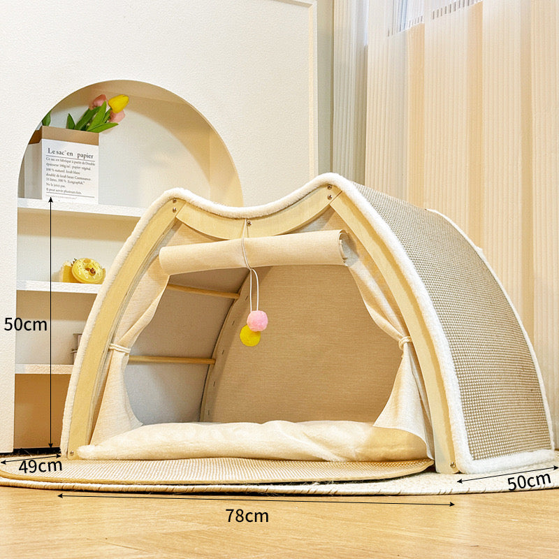 Double - layer Solid Wood Cat Hammock Bed with Rush Mat