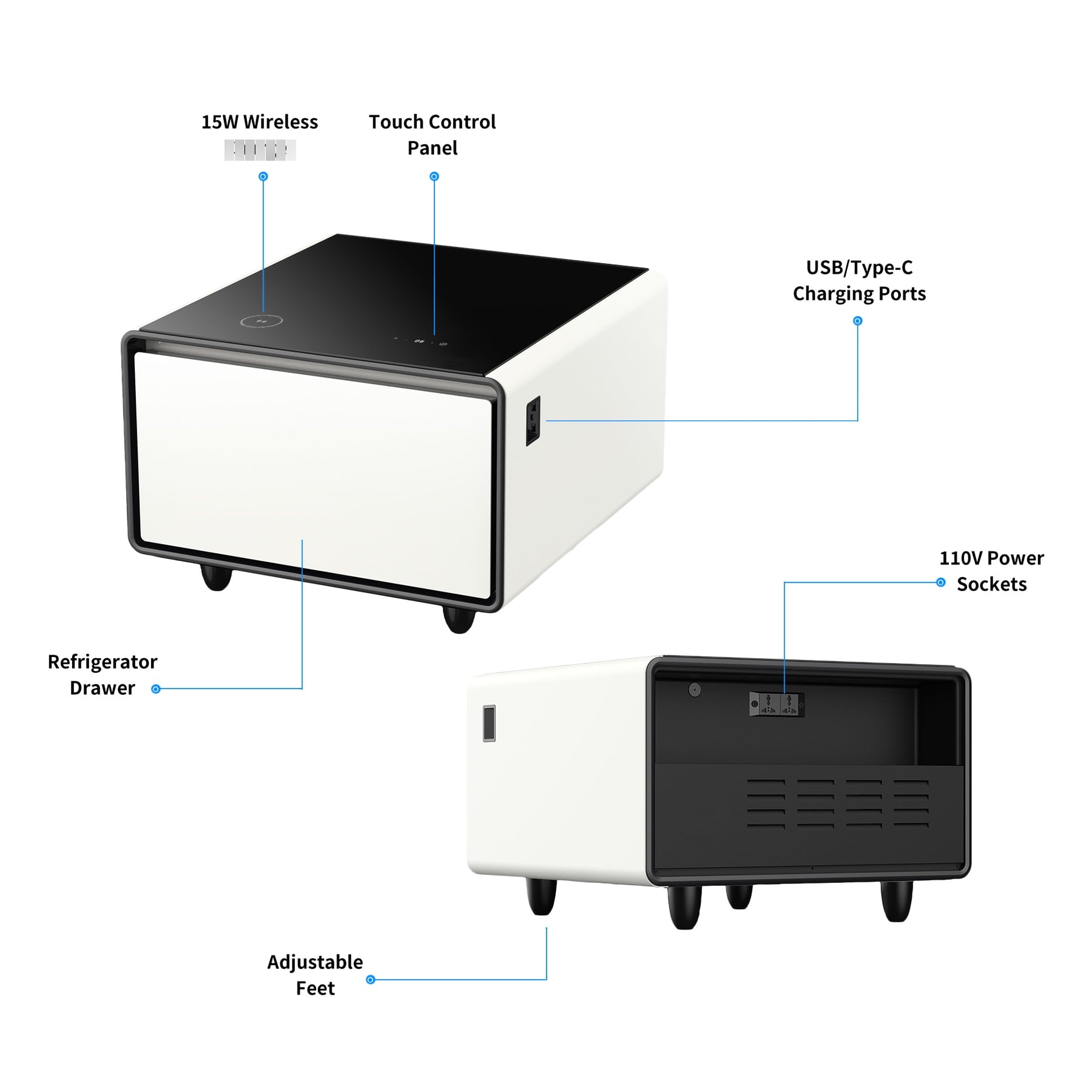 Smart Side Table with Built-In Fridge Drawer & Charging Station
