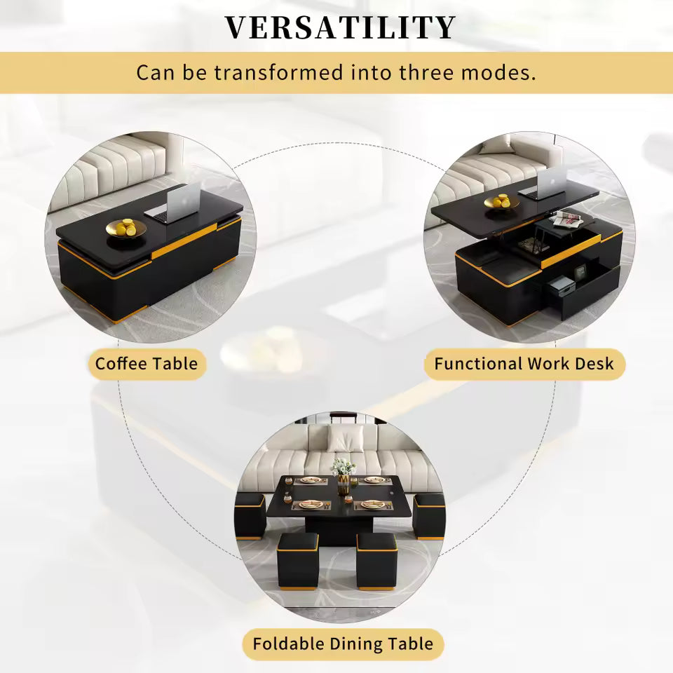 Multifunctional Lift Top Coffee Table With 4 Storage Stools