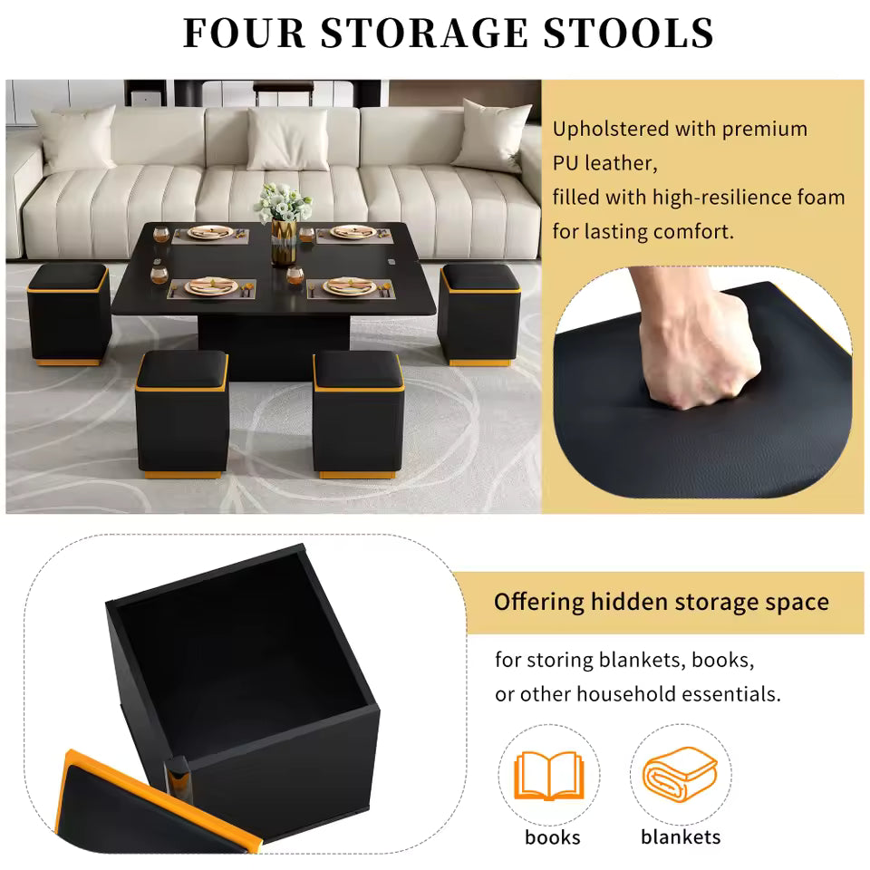 Multifunctional Lift Top Coffee Table With 4 Storage Stools