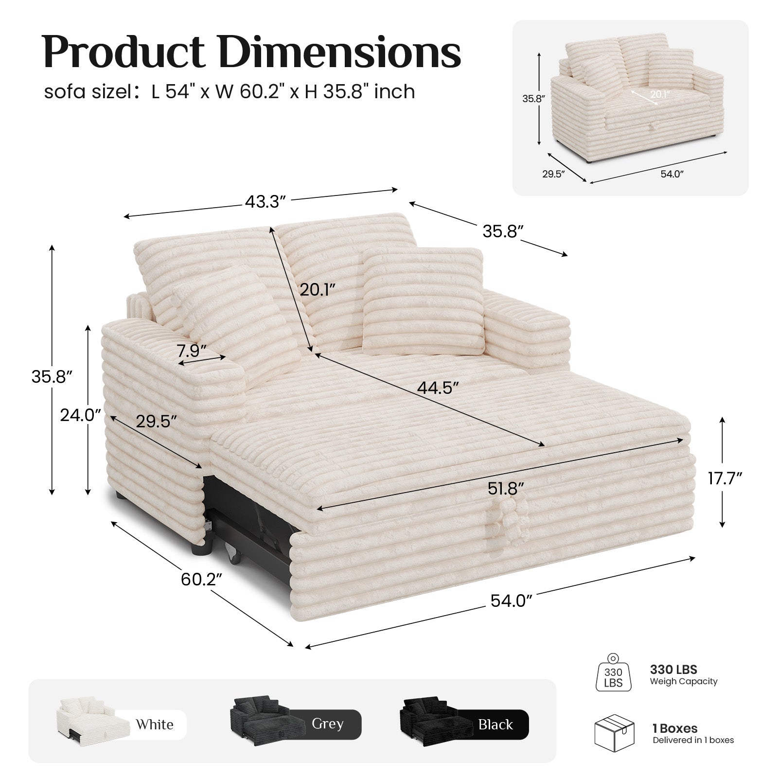 Pull-Out Chaise Lounge Bed with Plush Corduroy Fabric & Supportive Pillows