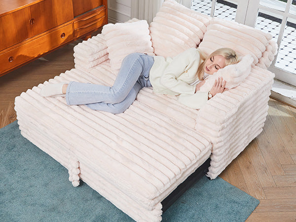 Pull-Out Chaise Lounge Bed with Plush Corduroy Fabric & Supportive Pillows