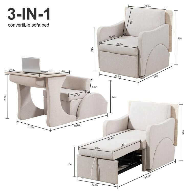3-in-1 Convertible Sleeper Chair Sofa Bed – Adjustable Armchair with Pull-Out Bed