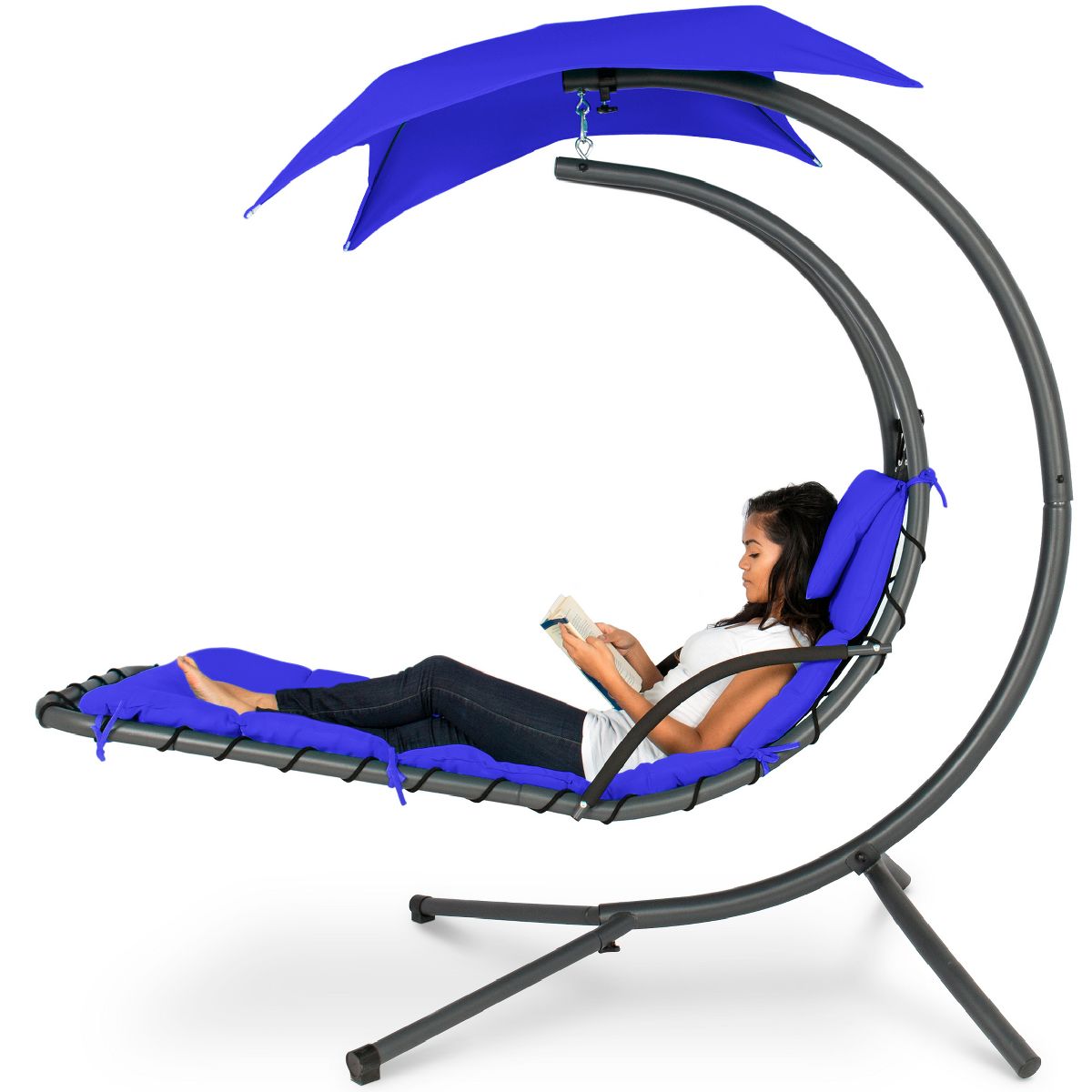 Outdoor Hanging Curved Steel Chaise Lounge Chair Swing w/Built-in Pillow and Removable Canopy