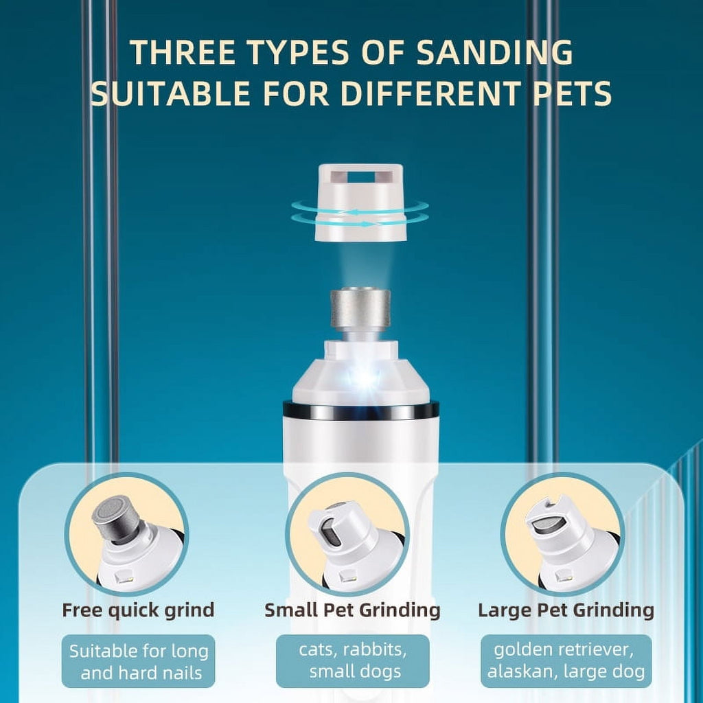 Pet grooming tool with three types of sanding suitable for different pets on a blue background.
