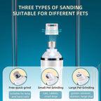 Pet grooming tool with three types of sanding suitable for different pets on a blue background.