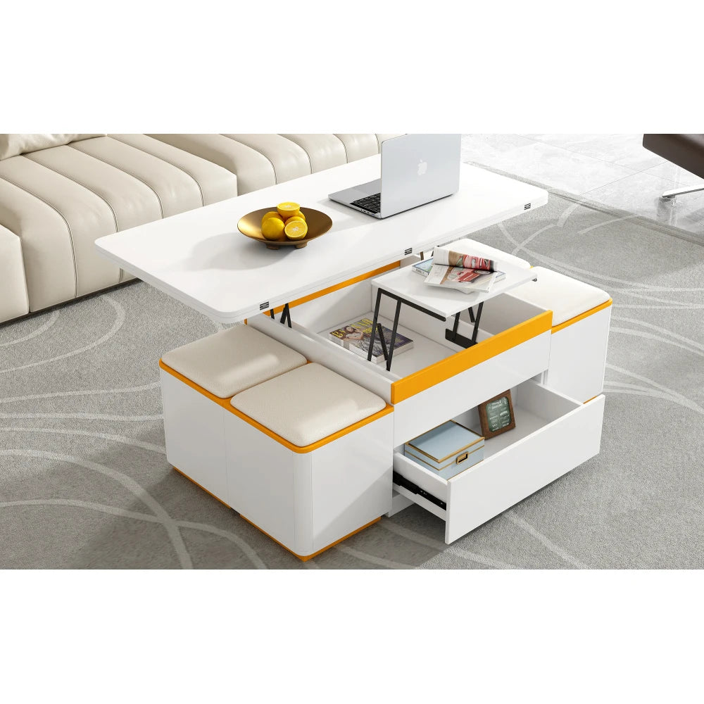 Multifunctional Lift Top Coffee Table With 4 Storage Stools