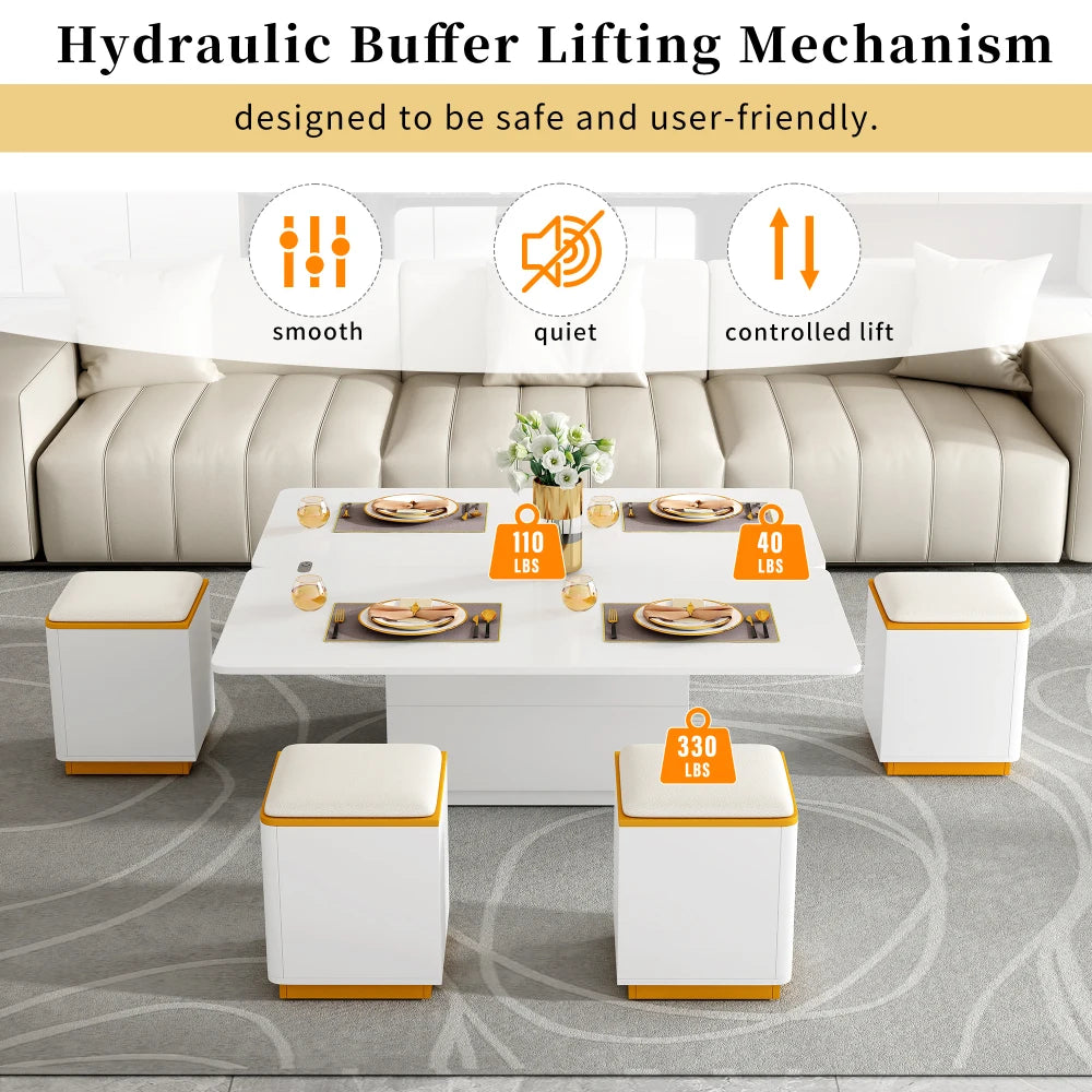 Multifunctional Lift Top Coffee Table With 4 Storage Stools