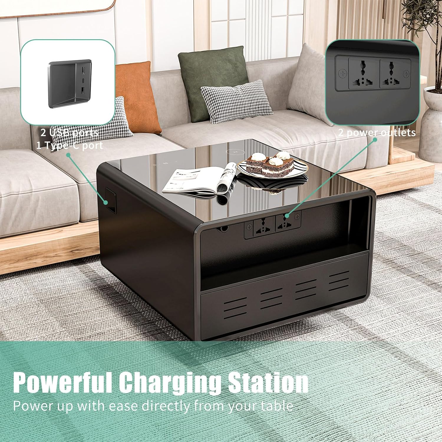 ZenGlide Smart Side Table with Built-In Fridge Drawer & Charging Station 5