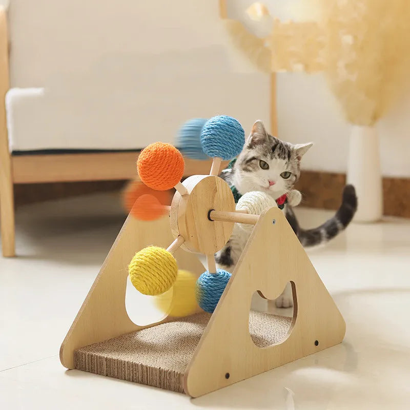 Cat Toy Ferris Wheel - Interactive Wooden Toy With Sisal Balls And Scratching Board