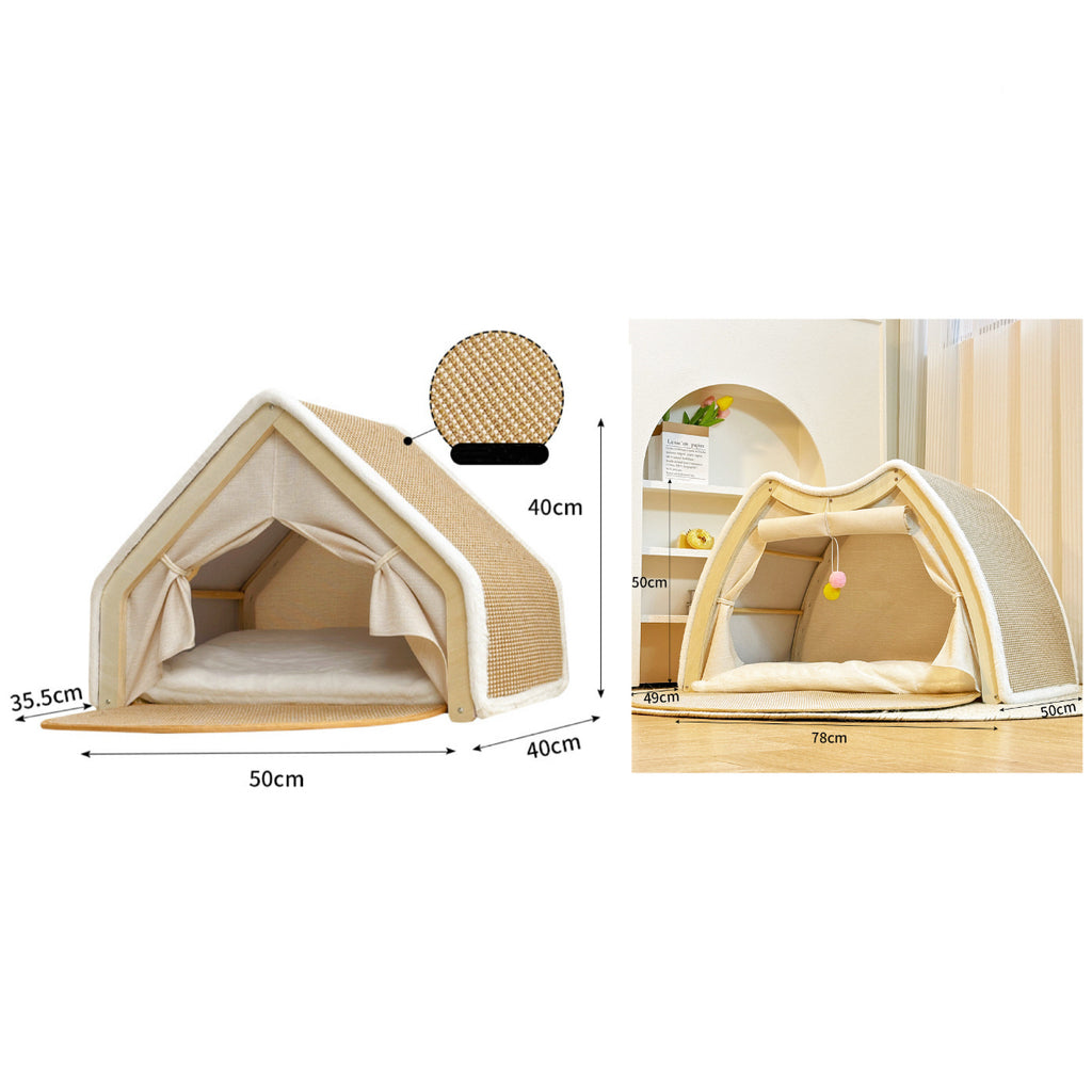 Double - layer Solid Wood Cat Hammock Bed with Rush Mat